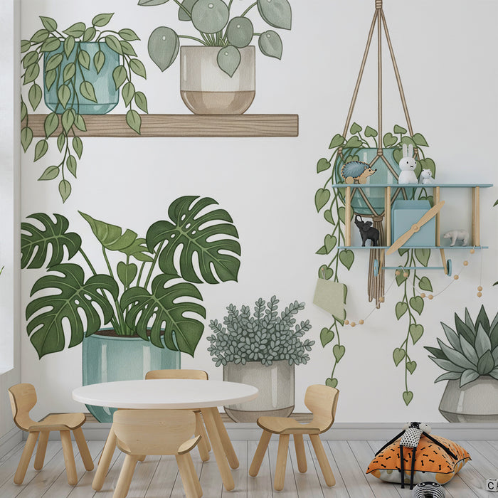 Nursery Wallpaper | Delicate Indoor Plants in Modern Pots