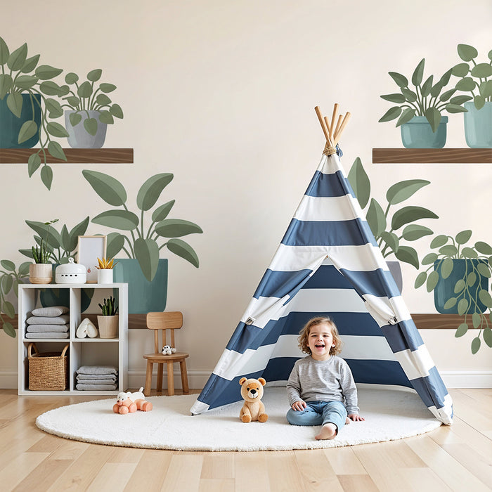 Papel de parede para quarto de bebé | Plantas de interior em prateleiras de madeira