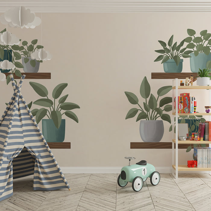 Papel de parede para quarto de bebé | Plantas de interior em prateleiras de madeira