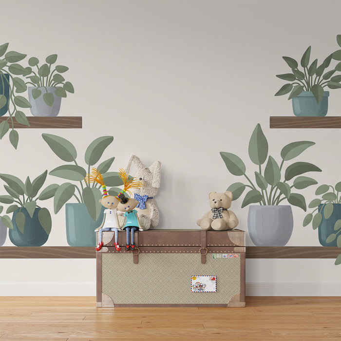 Papel de parede para quarto de bebé | Plantas de interior em prateleiras de madeira