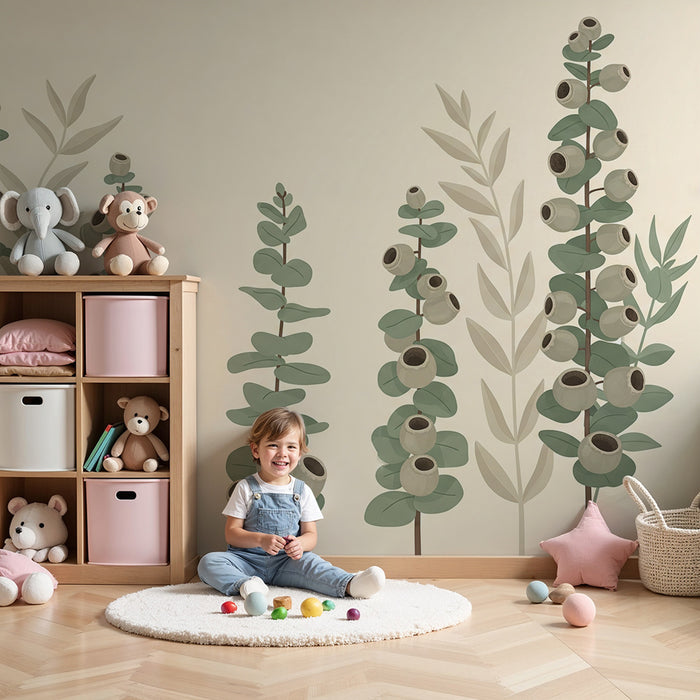 Papier peint chambre bébé | Plantes délicates avec feuillage doux et motifs apaisants
