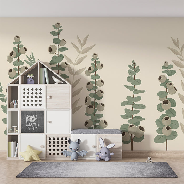 Papier peint chambre bébé | Plantes délicates avec feuillage doux et motifs apaisants