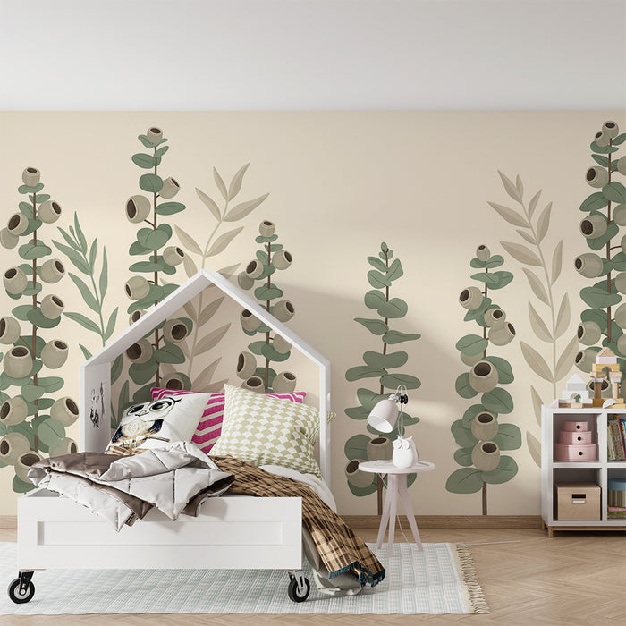 Papier peint chambre bébé | Plantes délicates avec feuillage doux et motifs apaisants