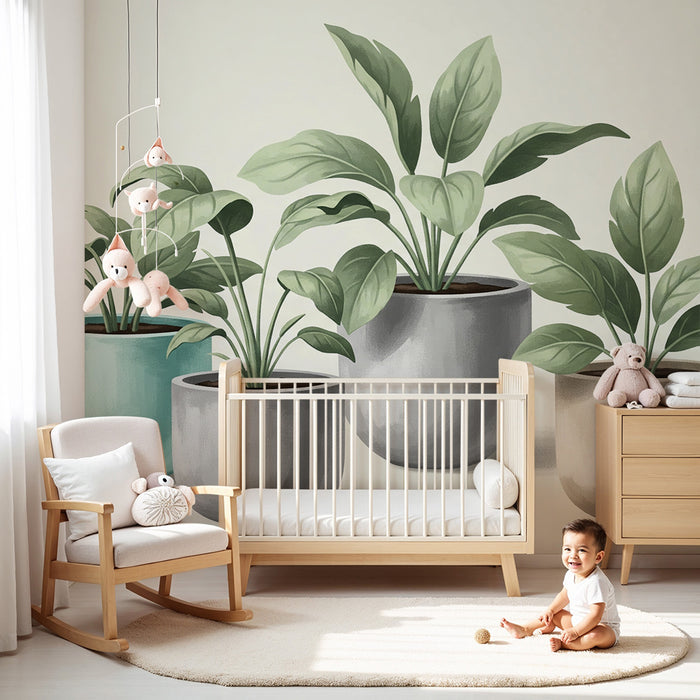 Babyzimmer Tapete | Zimmerpflanzen mit üppigem Blattwerk