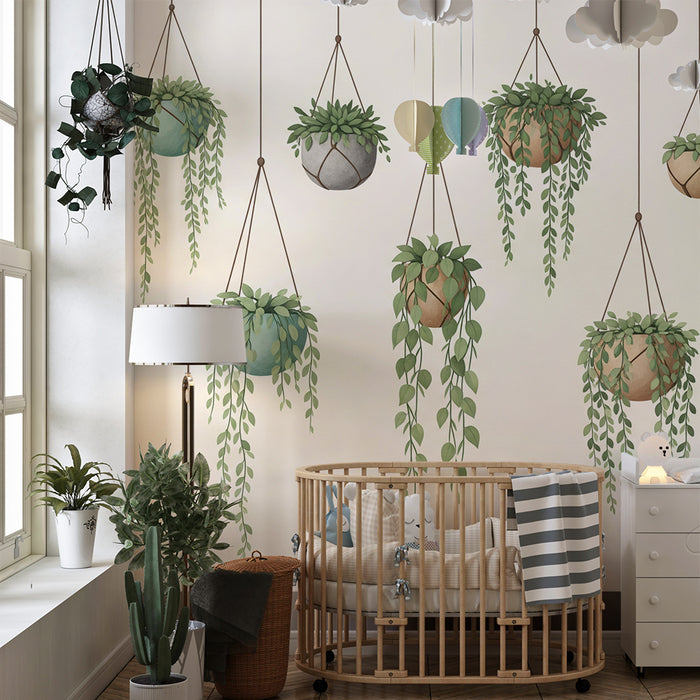Veggemønster til barnerom | Fine hengende planter på myk bakgrunn