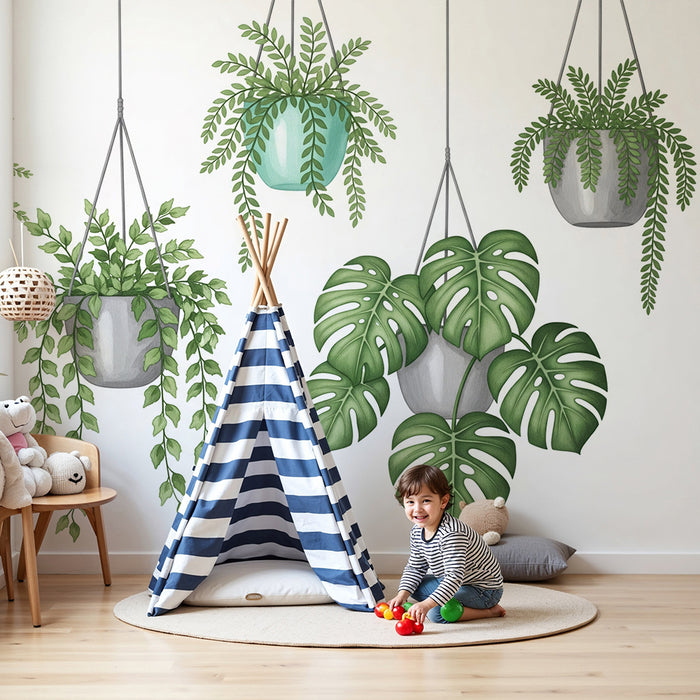 Papier peint chambre bébé | Plantes suspendues et feuillage luxuriant