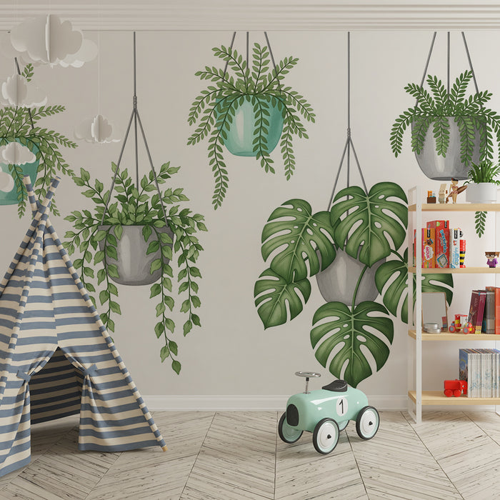 Papier peint chambre bébé | Plantes suspendues et feuillage luxuriant