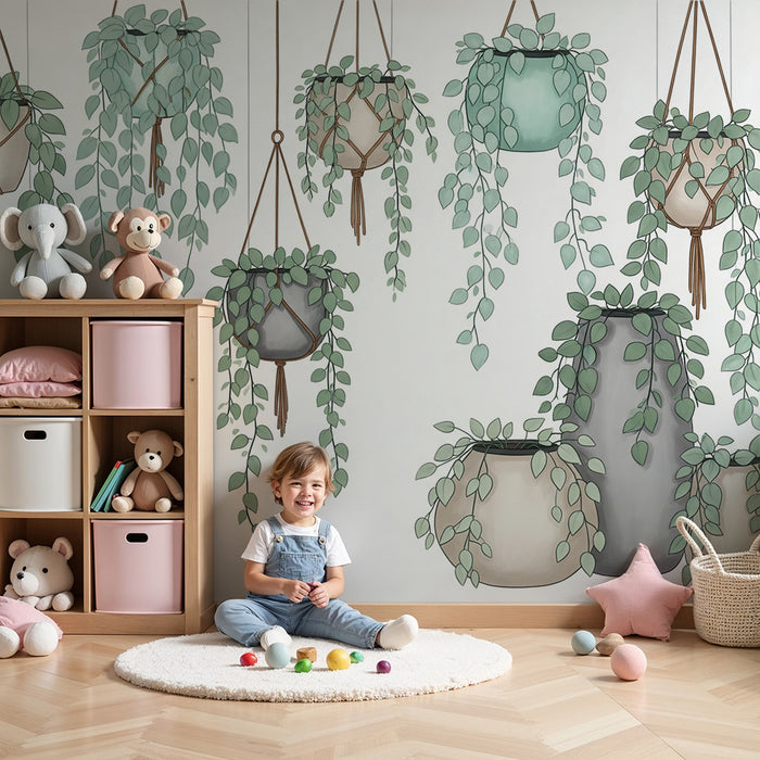 Behang voor de babykamer | Hangplanten en decoratieve potten in aquarelstijl