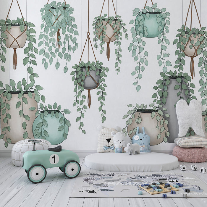 Behang voor de babykamer | Hangplanten en decoratieve potten in aquarelstijl