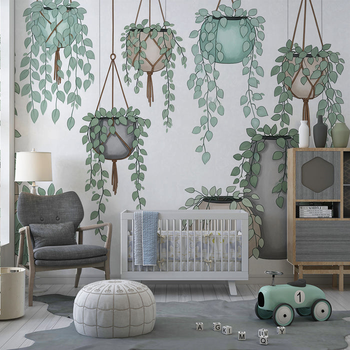 Behang voor de babykamer | Hangplanten en decoratieve potten in aquarelstijl