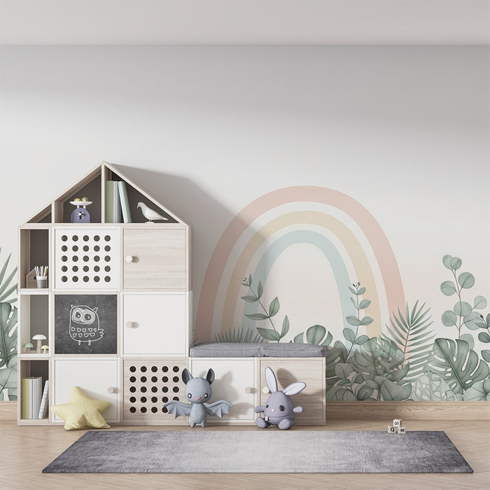 Papel de parede quarto bebê | Τροπικά φυτά και παστέλ ουράνιο τόξο