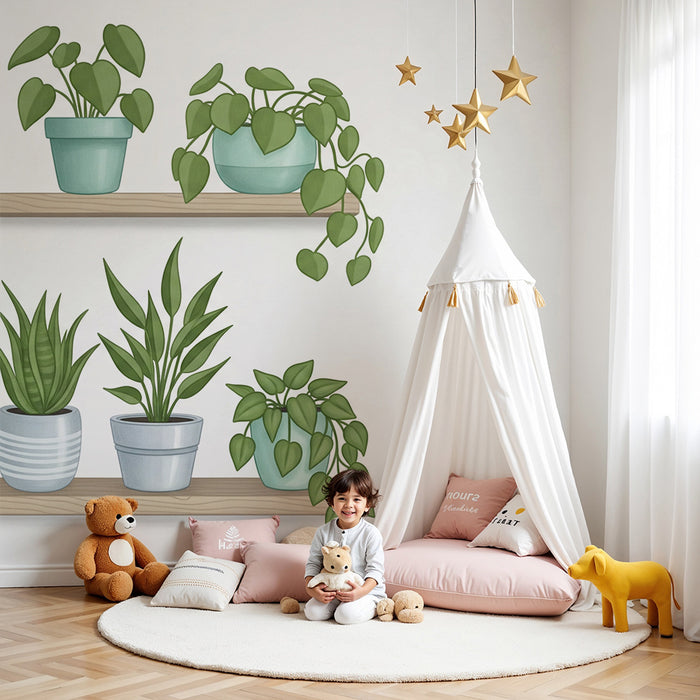 Nursery Wallpaper | Green Plants on Wooden Shelves