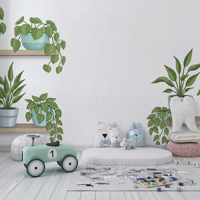 Nursery Wallpaper | Green Plants on Wooden Shelves