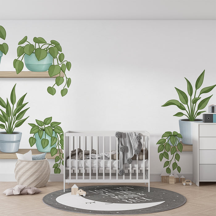 Nursery Wallpaper | Green Plants on Wooden Shelves