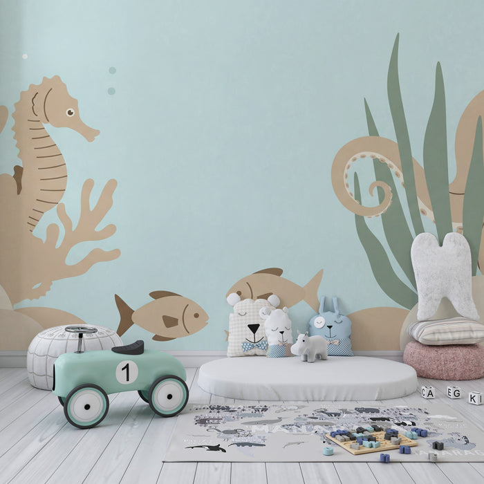 Papier peint chambre bébé | Plongée sous-marine joyeuse avec hippocampe et pieuvre