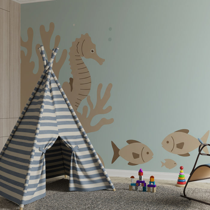 Papier peint chambre bébé | Plongée sous-marine joyeuse avec hippocampe et pieuvre