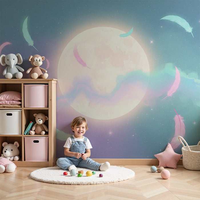 Papel de parede quarto bebê | Φτερό και φεγγάρι σε απαλό αστερωμένο ουρανό