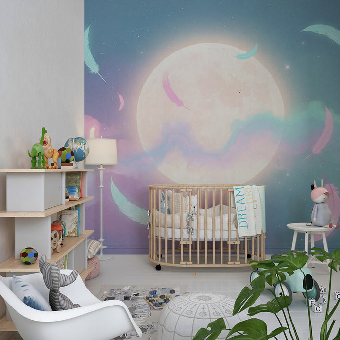 Papel de parede quarto bebê | Φτερό και φεγγάρι σε απαλό αστερωμένο ουρανό