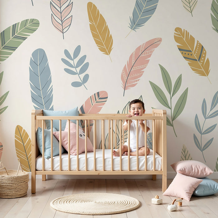Nursery room wallpaper | Colorful feathers and soft foliage on a light background