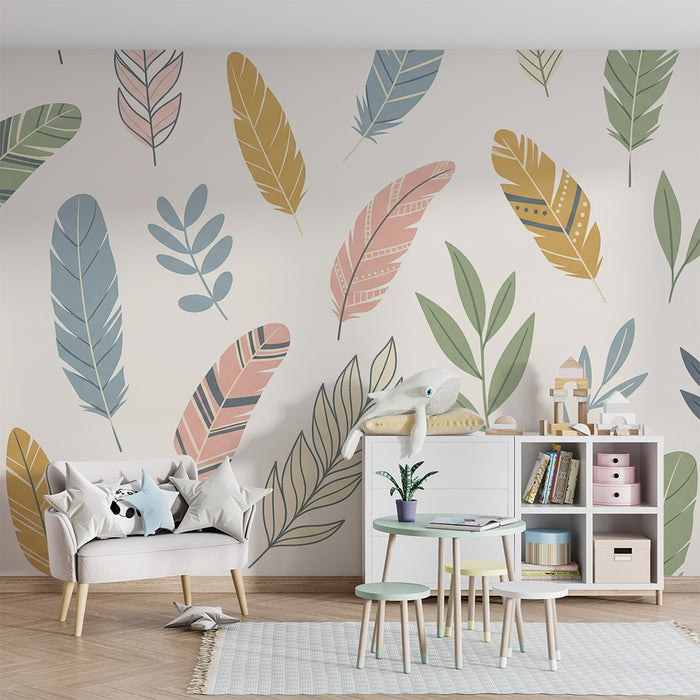 Nursery room wallpaper | Colorful feathers and soft foliage on a light background