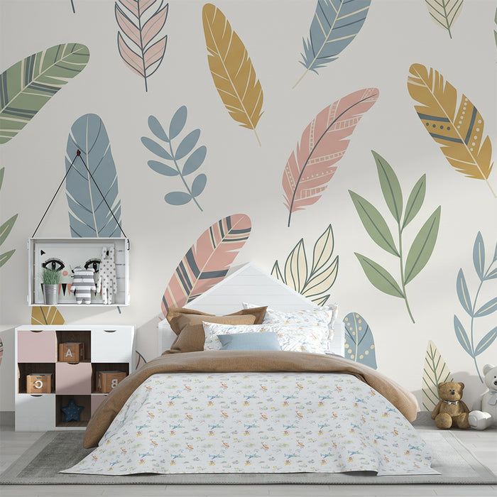 Nursery room wallpaper | Colorful feathers and soft foliage on a light background