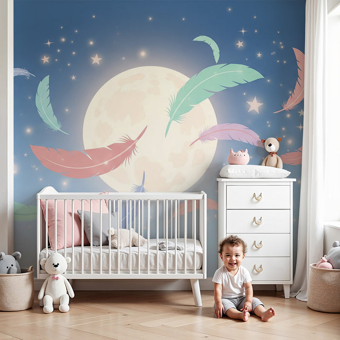 Papier de parede izba pre bábätko | Farebné perie a žiariaca luna na hviezdnom nebi