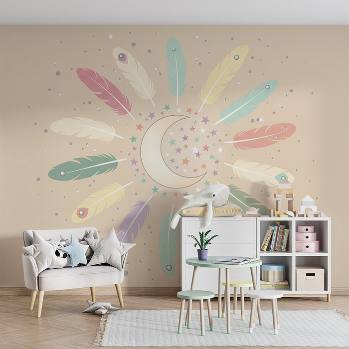 Papel de parede quarto bebê | Penas coloridas e lua em fundo suave