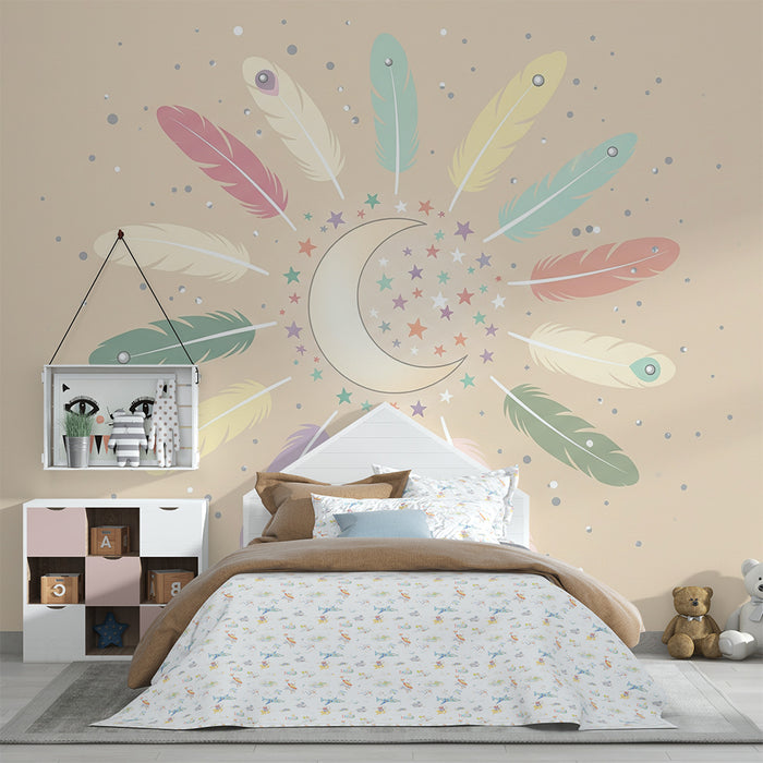 Papel de parede quarto bebê | Penas coloridas e lua em fundo suave