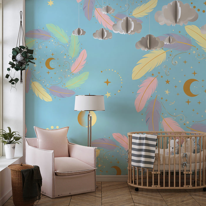 Tapet barnerom | Fargerike fjær og himmelske mønstre på blå bakgrunn