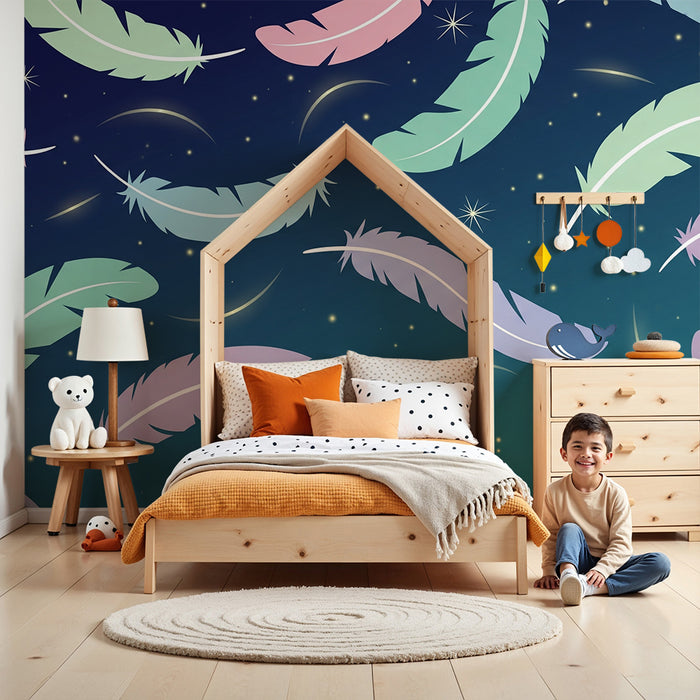 Babyzimmer Tapete | Bunte Federn schweben am Sternenhimmel