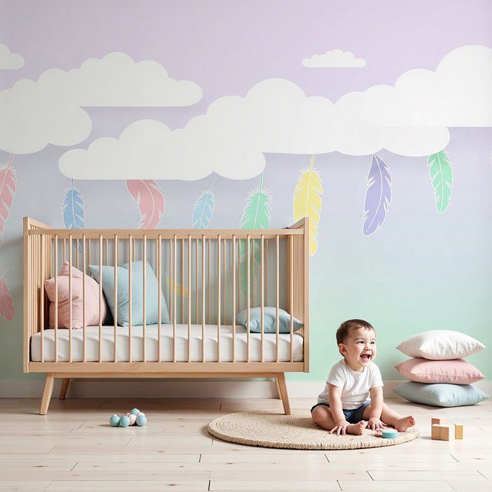 Tapeta dětského pokoje | Barevné peří plující mezi oblaky