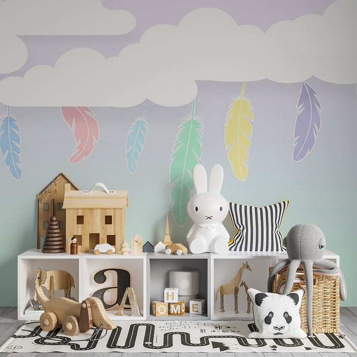 Tapeta dětského pokoje | Barevné peří plující mezi oblaky