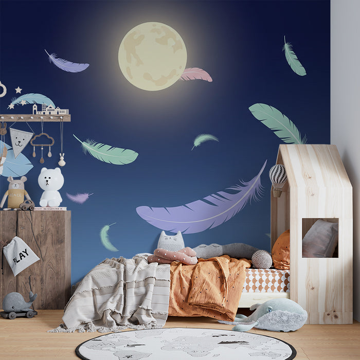 Tapet barnerom | Fargerike fjær som flyter under månen
