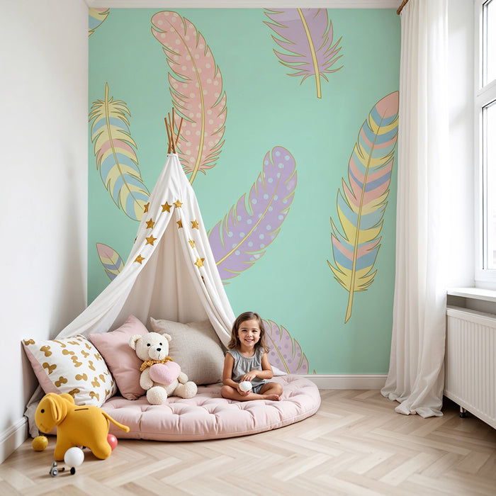 Nursery room wallpaper | Colored feathers on mint background