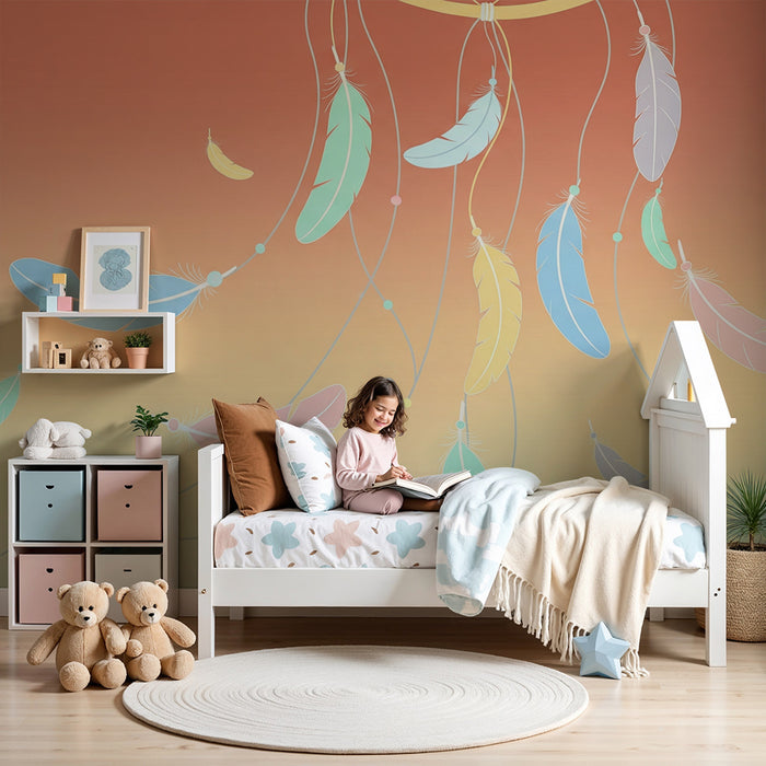 Papel de parede quarto bebê | Χρωματιστά φτερά σε μια απαλή φθορά