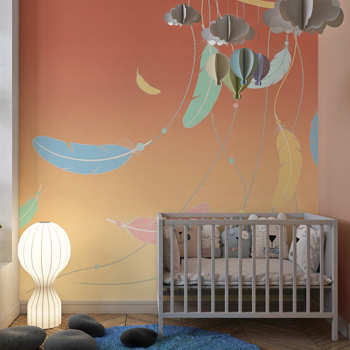 Papel de parede quarto bebê | Χρωματιστά φτερά σε μια απαλή φθορά