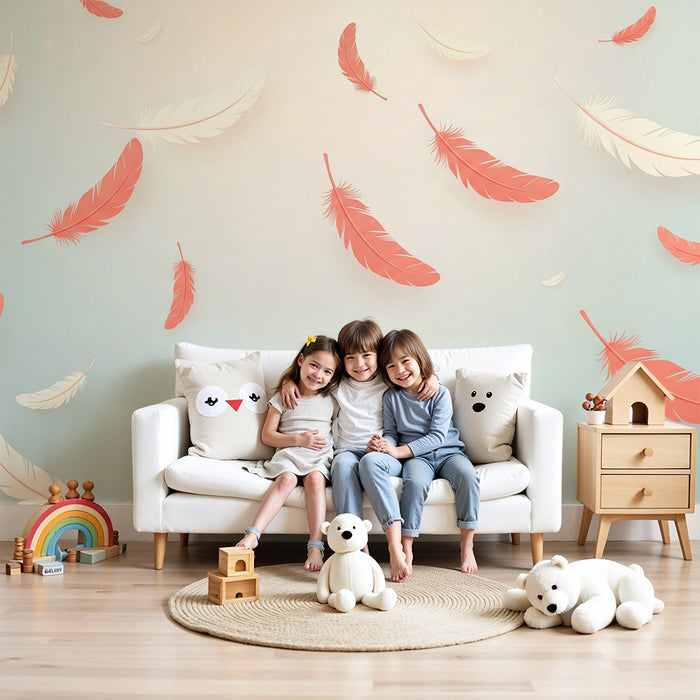 Babykamer behang | Delicate veren in rood en wit op een rustgevende achtergrond