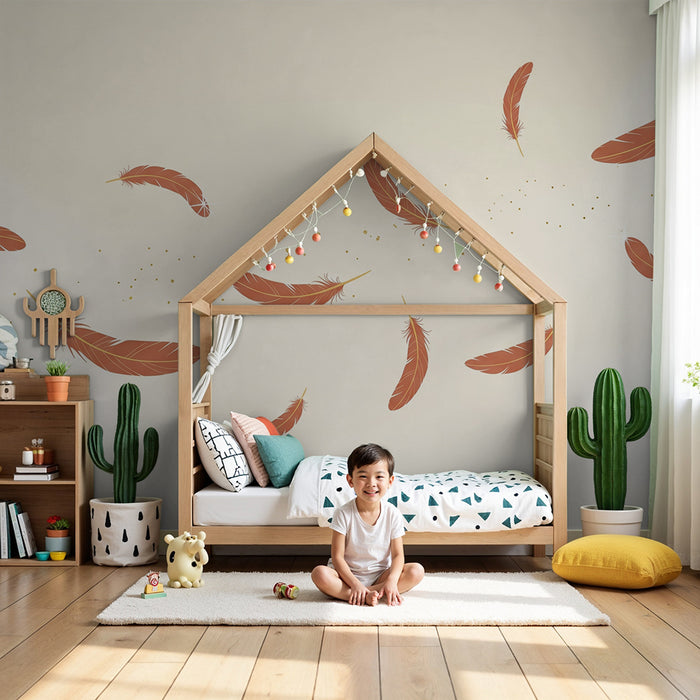 Papel de parede quarto bebê | Penas delicadas e brilhos dourados em fundo suave