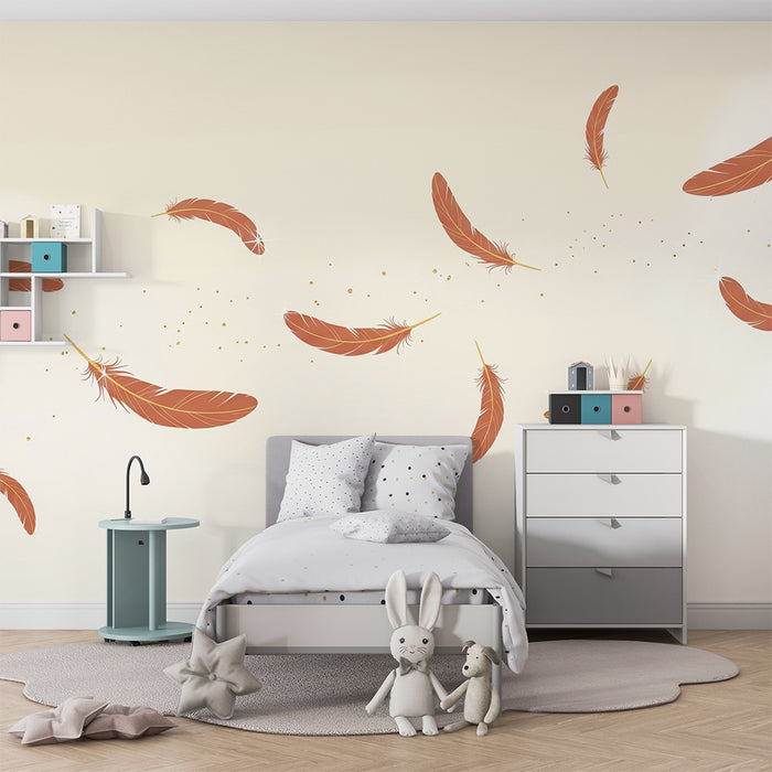 Papel de parede quarto bebê | Penas delicadas e brilhos dourados em fundo suave