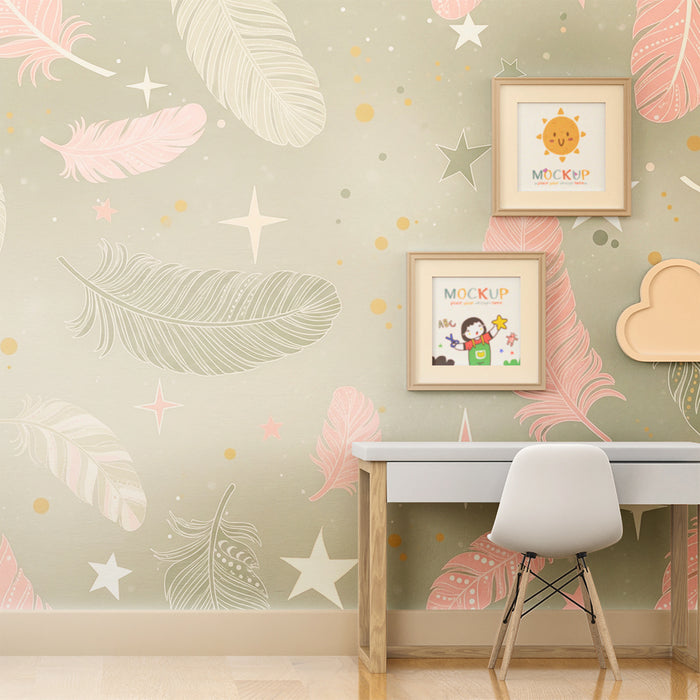 Børneværelse tapet | Delikate fjer og stjerner på blød grøn baggrund