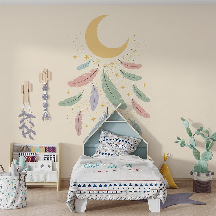Papel de parede quarto bebê | Penas delicadas e lua dourada em fundo suave