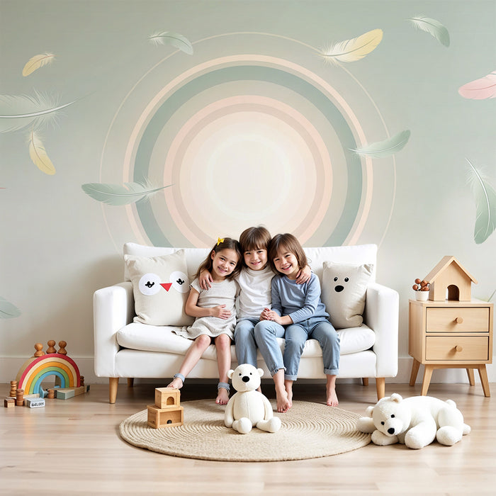 Børneværelse tapet | Delikate fjer svæver i en blid pastelgradient