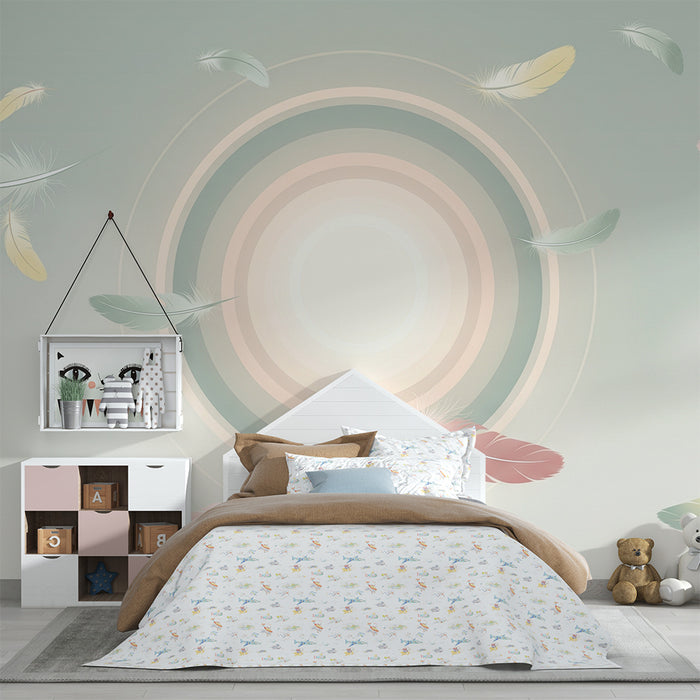 Børneværelse tapet | Delikate fjer svæver i en blid pastelgradient