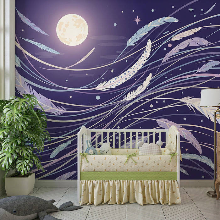 Papel de parede quarto bebê | Penas delicadas sob a lua estrelada