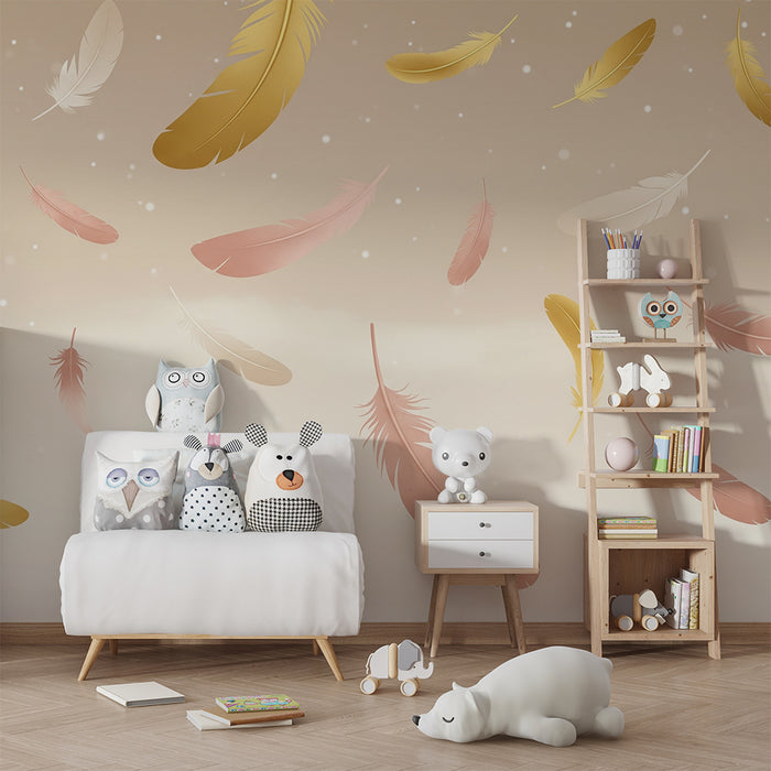 Papel de parede quarto bebê | Penas delicadas em fundo suave