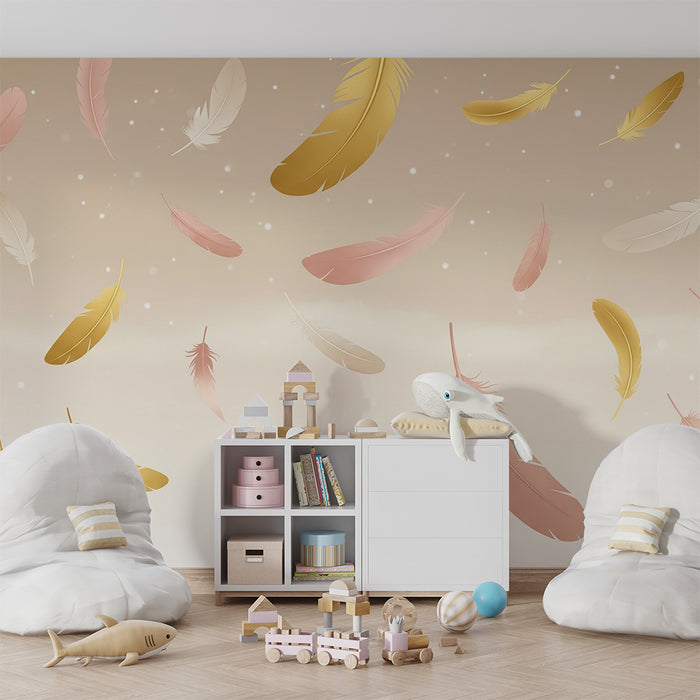 Papel de parede quarto bebê | Penas delicadas em fundo suave
