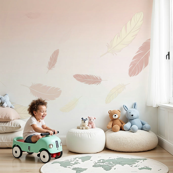 Babykamer behang | Delicate veren op zachte pastel achtergrond