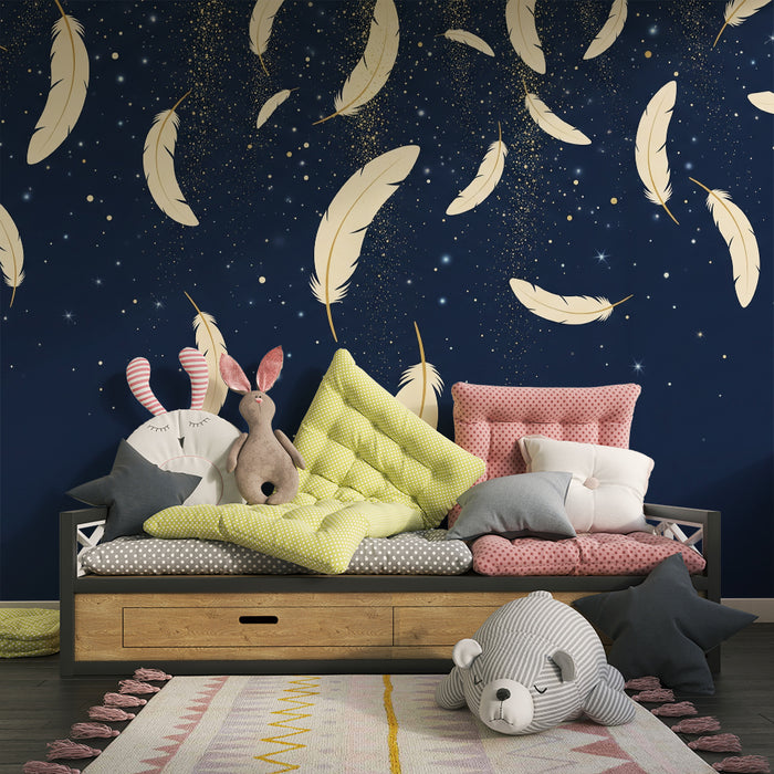 Paberi tapeet beebi tuba | Kuldse sulgede ja säravate tähtedega tumesinisel taustal