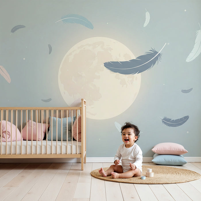 Papel de parede quarto bebê | Меки пера и светеща луна в уютно небе