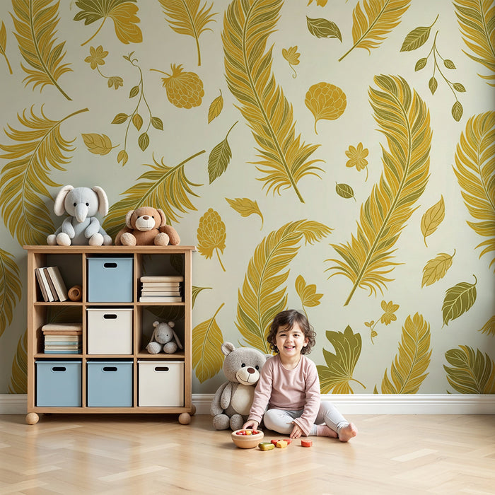 Papier peint chambre bébé | Plumes et feuilles dans des tons dorés et verts